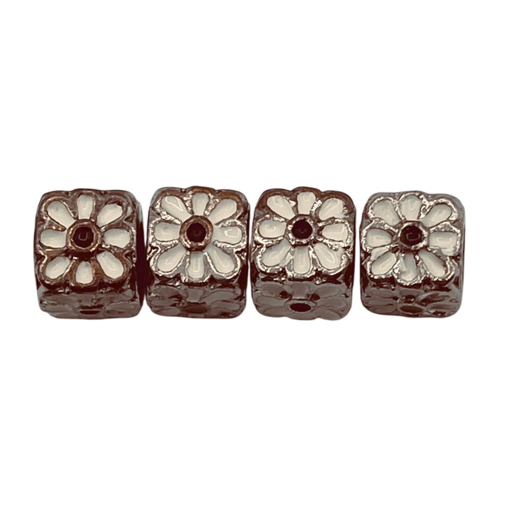 Silver Tone White Enamel Daisy Floral Square Spacer Beads charms 4pc